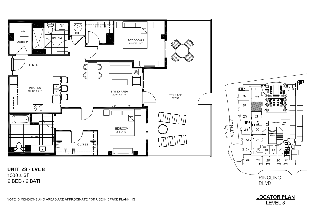 Floor plan for 2 beds, 2 baths, 1320 sqft